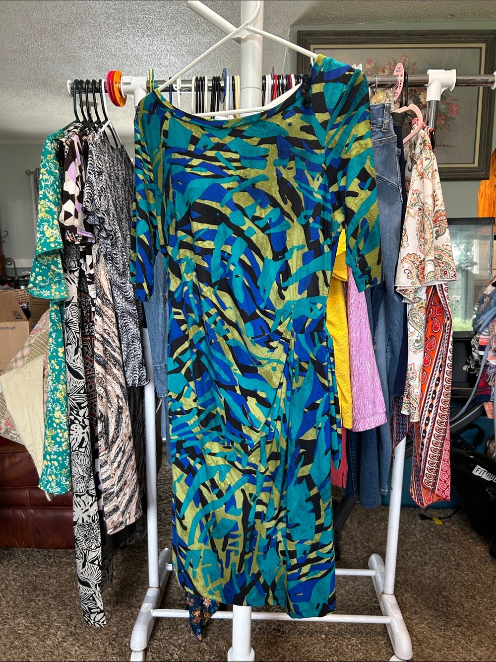 MSK Blue and Green Abstract Midi Dress Size L